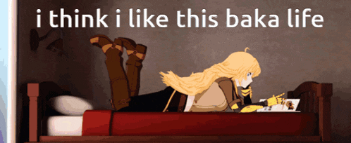 a cartoon of a girl laying on a bed with the words " i think i like this baka life "