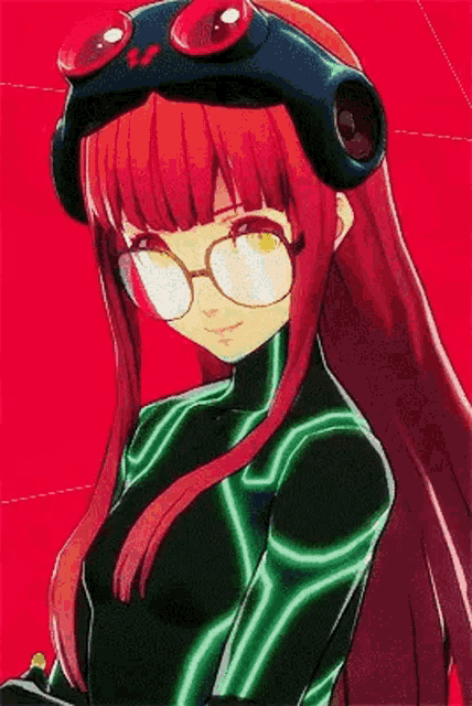 a girl with long red hair and glasses is wearing a green suit and a black hat .