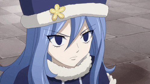 a girl with long blue hair wearing a hat with a yellow flower on it