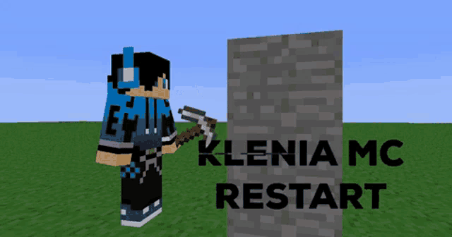 a minecraft character is holding a pickaxe in front of a brick wall with the words " klenia mc restart " below him