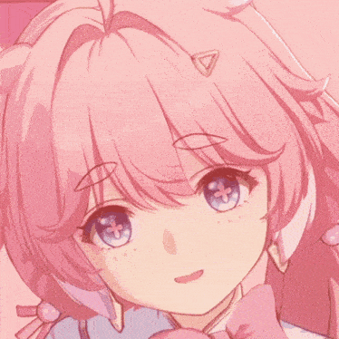 a close up of a pink haired anime character with blue eyes