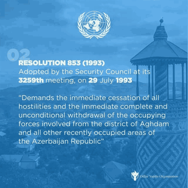 a blue poster that says resolution 853 ( 1993 ) adopted by the security council at its 325th meeting on 29 july 1993