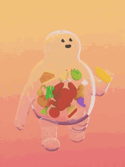 a cartoon drawing of a person with a bunch of food in their belly