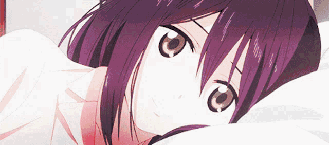 a girl with purple hair and brown eyes is laying in bed