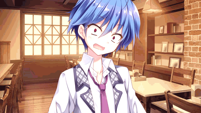 a boy with blue hair is making a surprised face in a restaurant