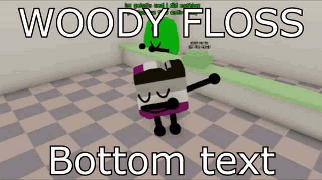 woody floss bottom text with a cartoon character