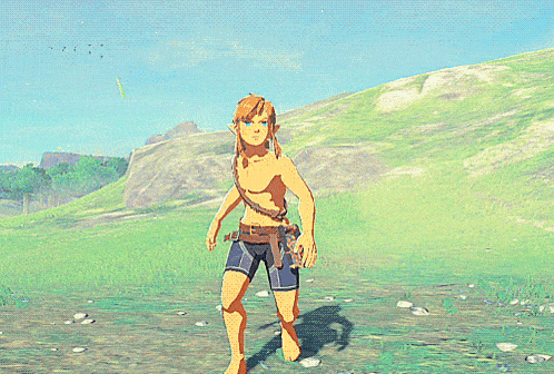 a video game character without a shirt is standing in a grassy field
