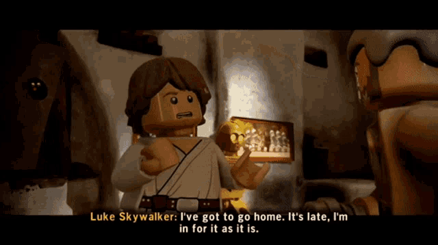 a screenshot of a lego video game with luke skywalker talking