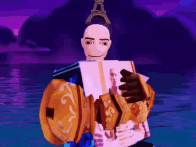 a cartoon character is holding a book with a eiffel tower on his head .