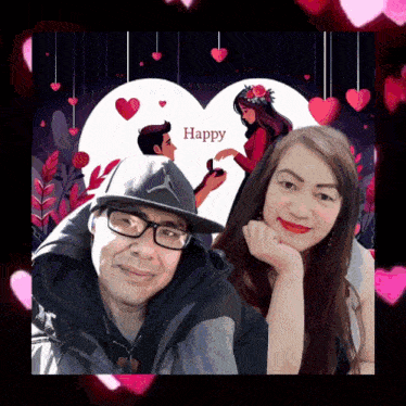 a man and a woman are posing for a picture with a happy valentine 's day greeting in the background