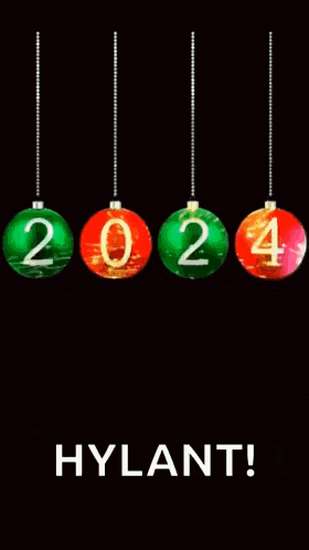 a happy new year greeting card with christmas ornaments and the name hylant