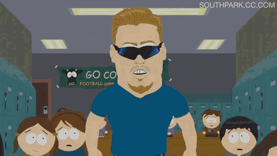 a cartoon of a man wearing sunglasses in a hallway with a sign that says go