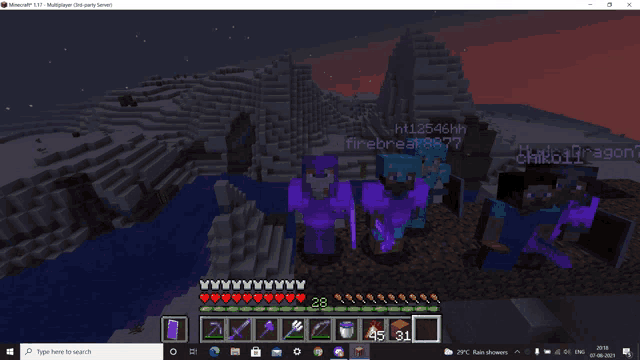 a screenshot of a minecraft game shows a group of purple characters