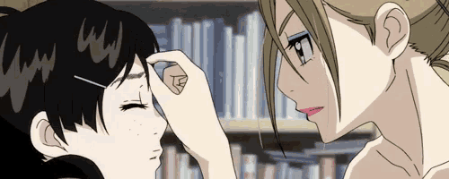 two anime girls are touching each other 's foreheads