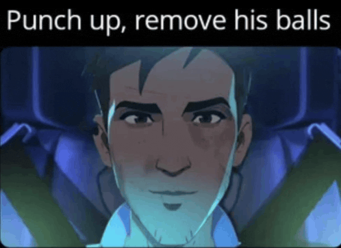 a cartoon of a man with the words " punch up remove his balls " above him