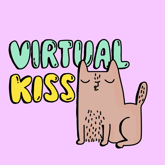 a drawing of a cat with virtual kiss written on it