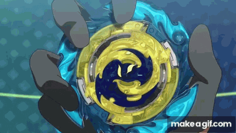 a person is holding a blue and gold spinning top in their hand .