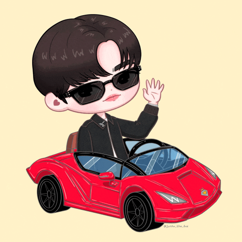 a cartoon drawing of a boy driving a red car with the hashtag @justin_the_fox on the bottom