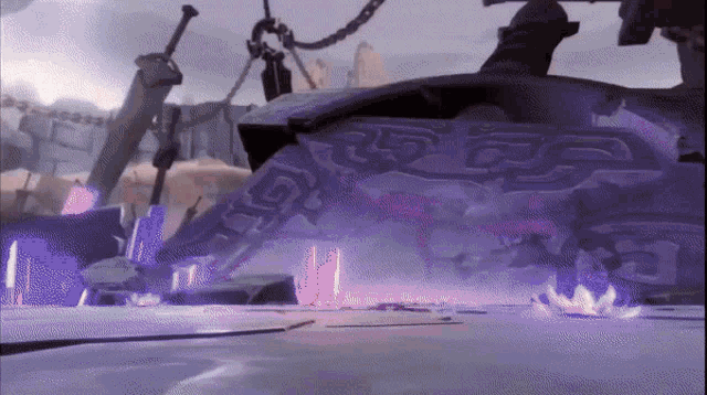 a video game scene with a purple background and a sword that says r25