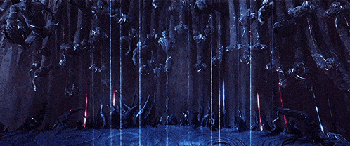 a woman in a white dress is standing in a room with swords flying around her