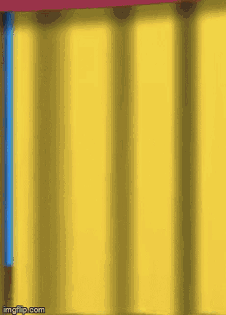 a yellow curtain with a blue stripe on the bottom