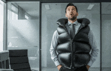 a man in a suit and tie is wearing a black vest with a neck pillow attached to it