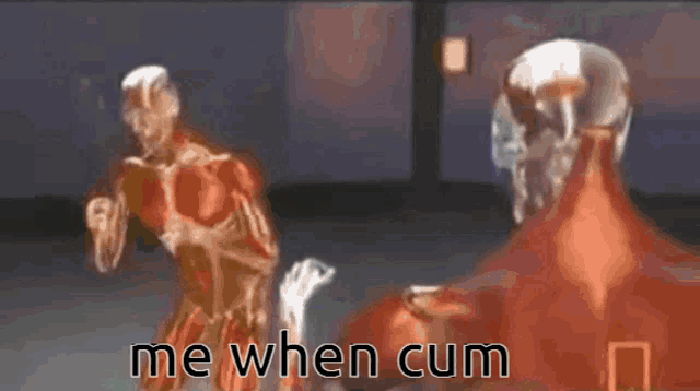 a skeleton is standing next to another skeleton with the words `` me when cum '' written on it .