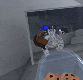 a computer generated image of a person riding a toy horse