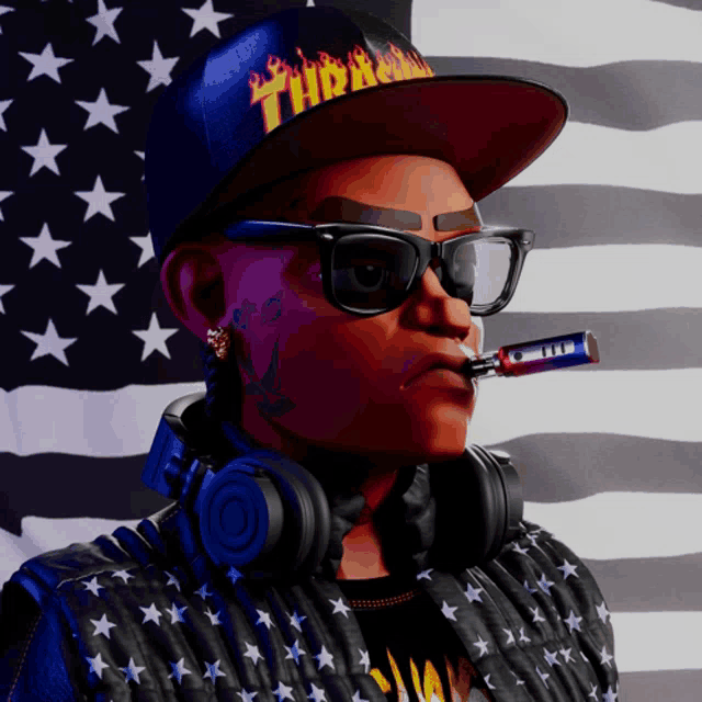 a man wearing a thrasher hat and headphones smoking a cigarette