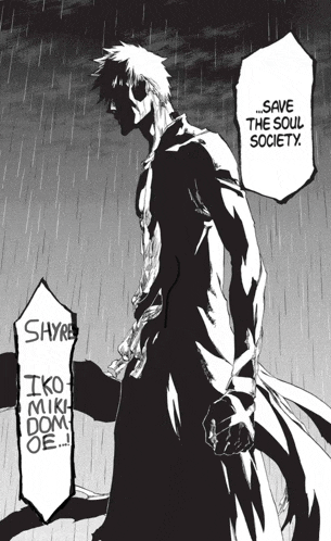 a black and white drawing of a man with the words save the soul society