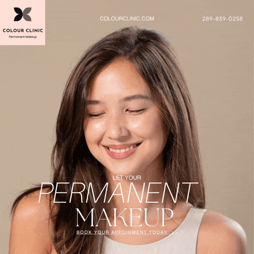 an ad for permanent makeup shows a woman smiling with her eyes closed