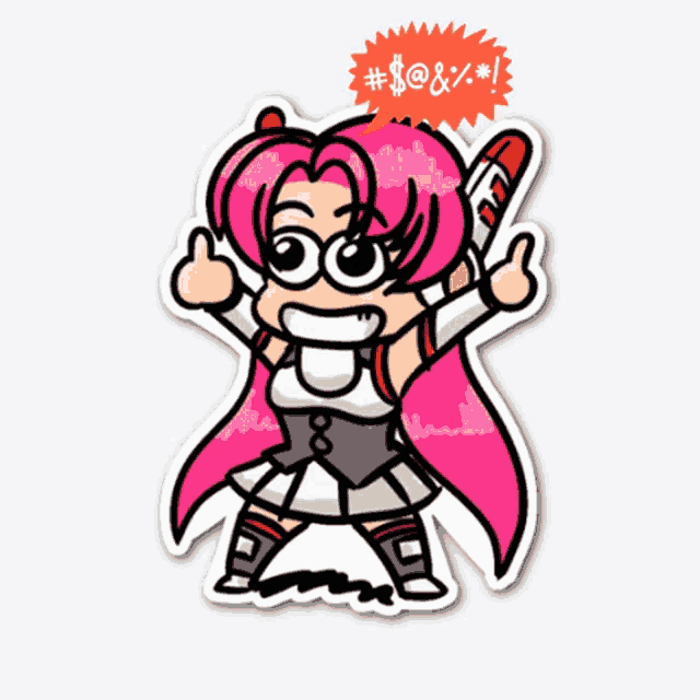 a cartoon drawing of a girl with pink hair and a sign that says eat shit