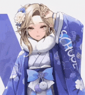 a girl is wearing a blue kimono with the word school on it .