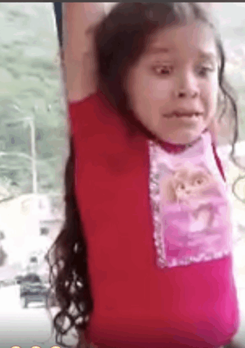 a little girl with long hair is wearing a red shirt and a pink shirt with a picture of a cat on it .