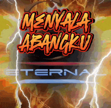 a sign that says ' menara abangku ' on it with lightning strikes