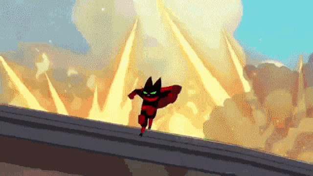 a cartoon character with a red cape is standing in front of a large explosion