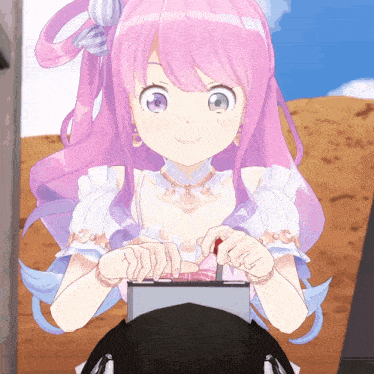 a cartoon girl with pink hair and purple eyes is playing a video game