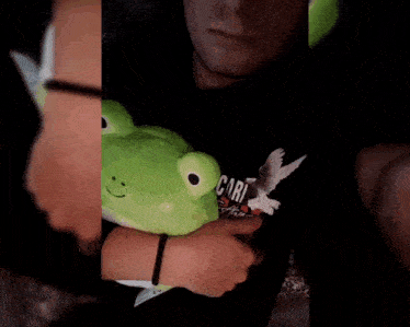 a man holding a stuffed frog wearing a black shirt that says cari