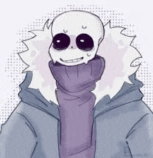 a drawing of a skeleton wearing a purple scarf and hoodie .