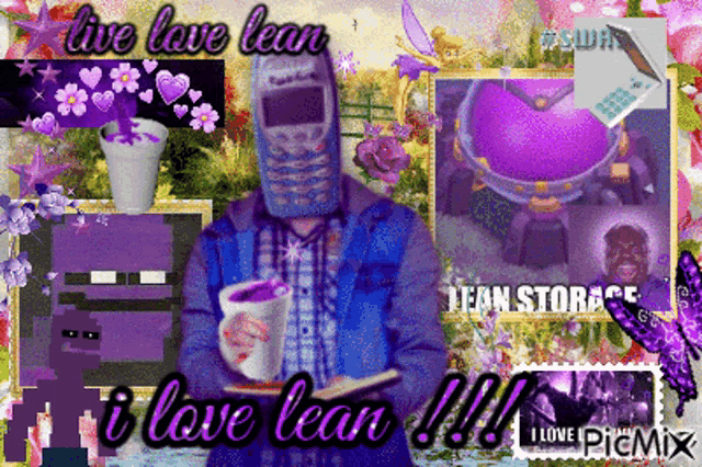 a man with a cell phone on his head holding a cup of purple liquid