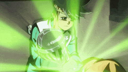 a cartoon character with a green light coming out of his eyes