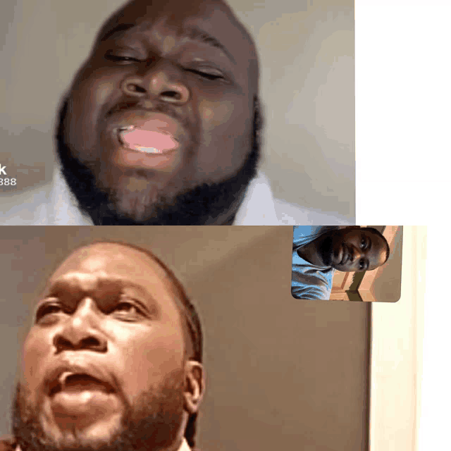 a man with a beard is talking to another man on a video call with the number 888 on the bottom