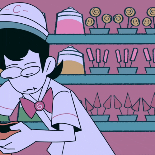 a cartoon drawing of a candy store worker with a c on his hat