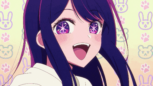 a girl with purple hair and pink eyes is smiling in front of paw prints