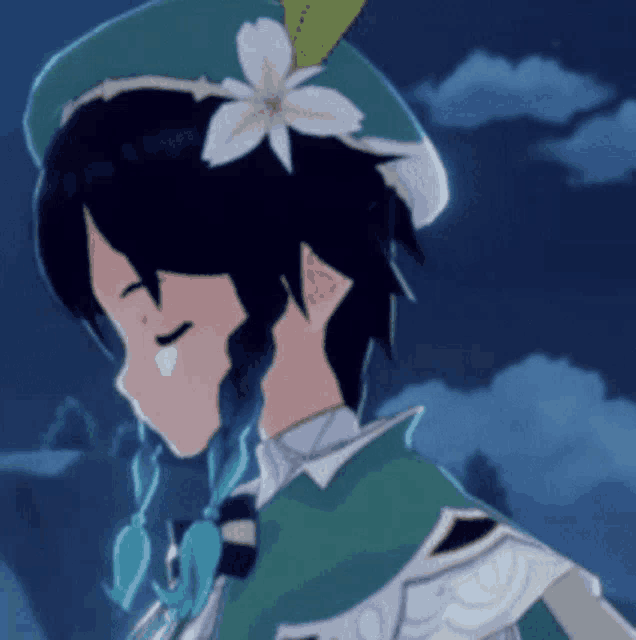 a cartoon character with a flower on his hat