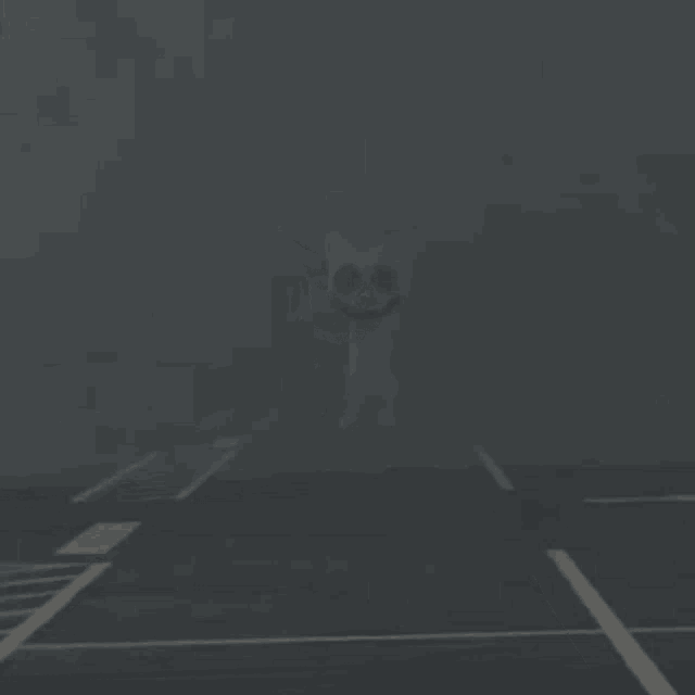 a cartoon cat is standing in the middle of a parking lot