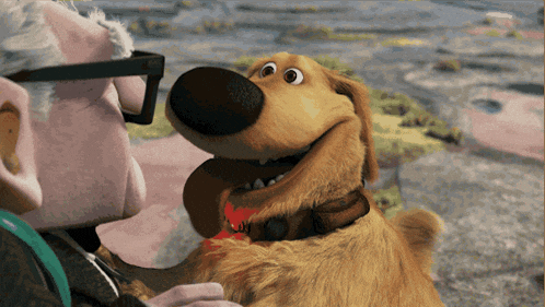 a cartoon dog with a red collar is petting an older man with glasses