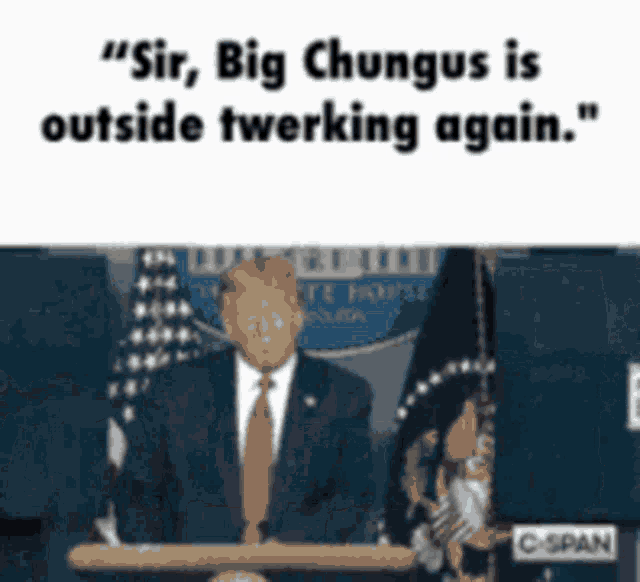 a man in a suit and tie stands at a podium and says " sir big chungus is outside twerking again . "