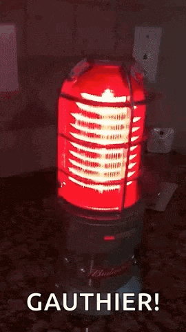 a red light that says gauthier is on a table