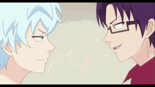 two anime characters are looking at each other and one has glasses